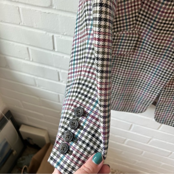Talbots Long Plaid Blazer multicolored wool blend pink, teal, olive green, ivory - Picture 4 of 7
